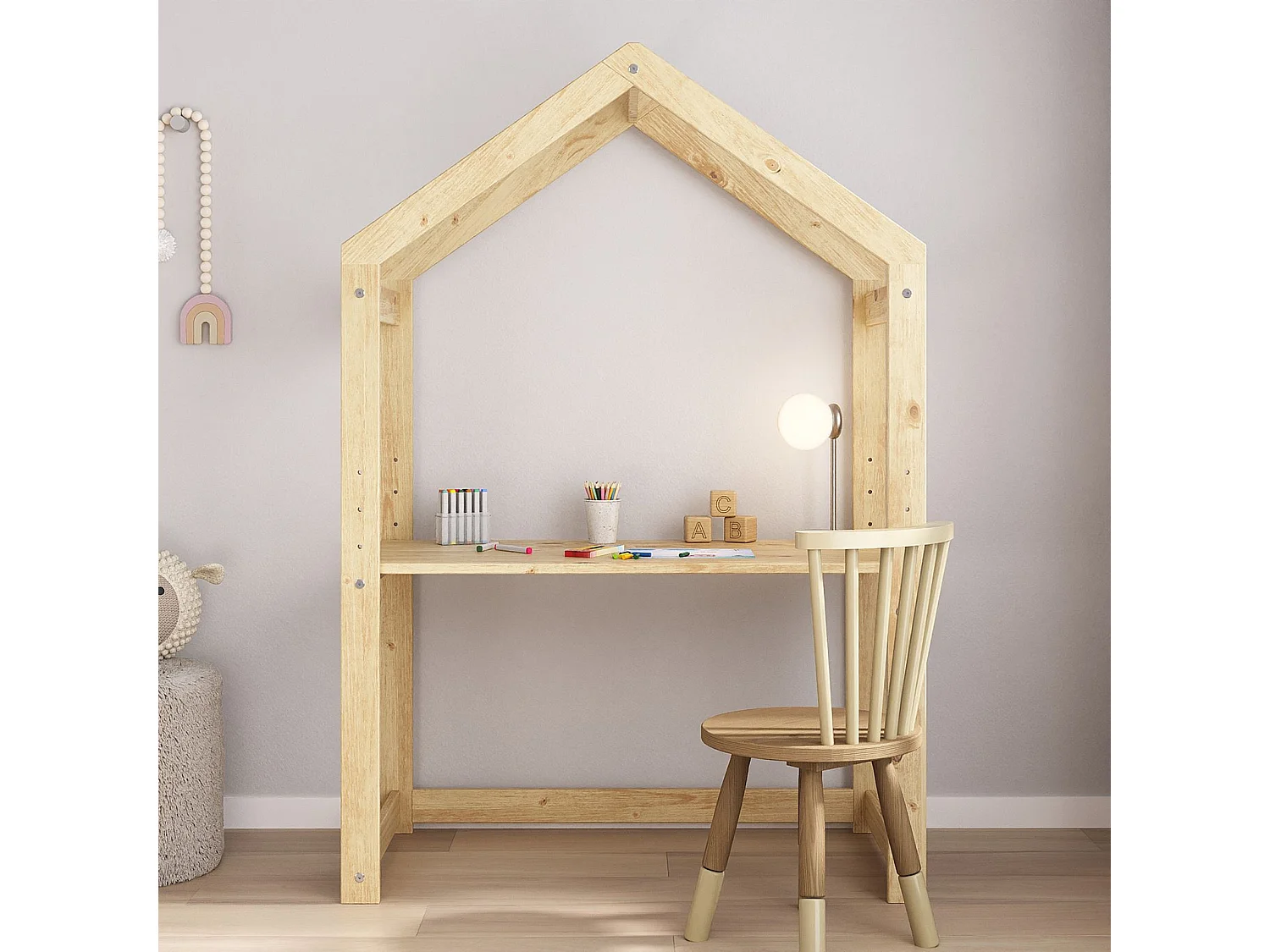 Bureau cabane enfant réglable LIA Montessori en bois massif coloris naturel, plateau évolutif en hauteur