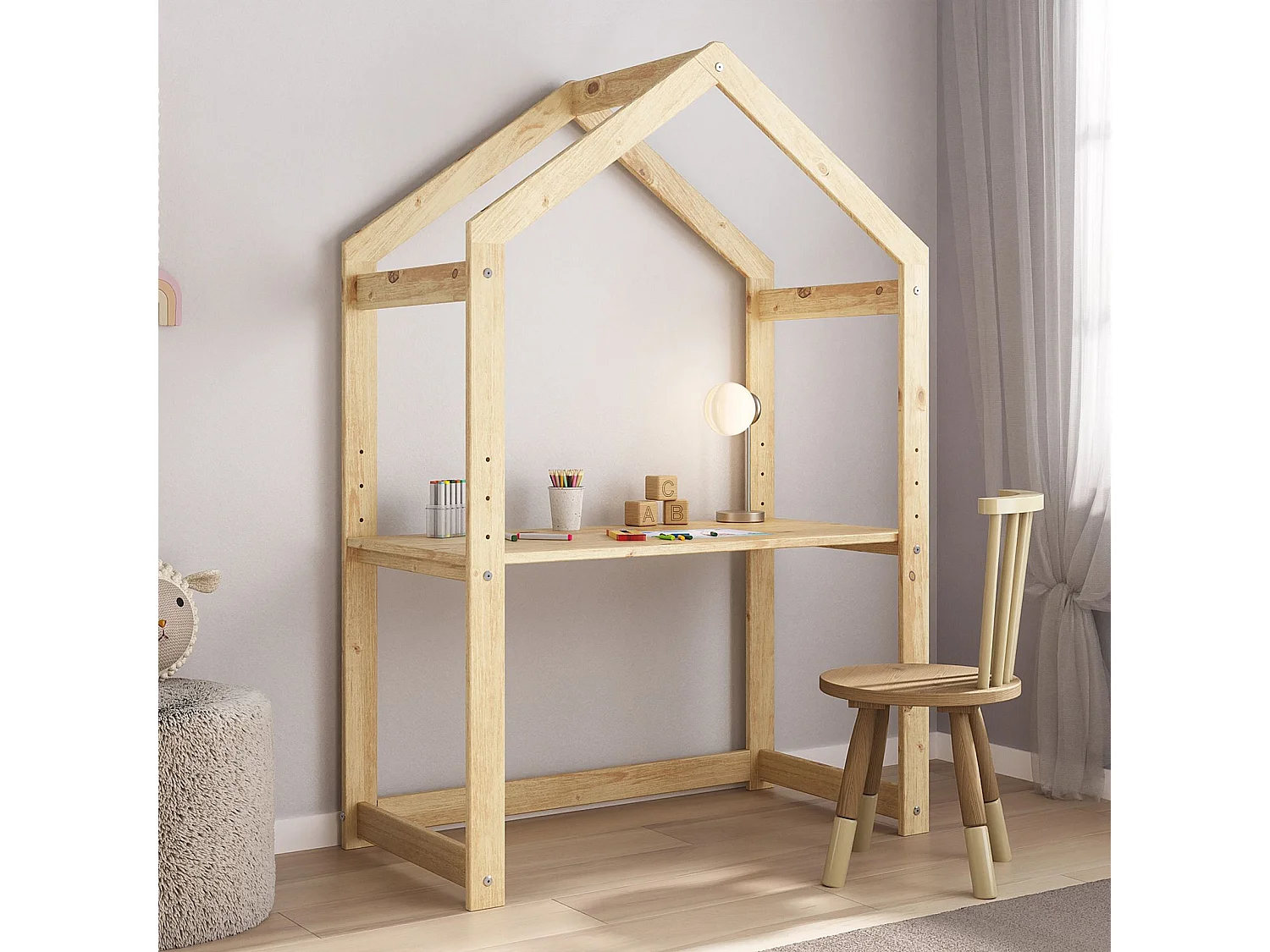 Bureau cabane enfant réglable LIA Montessori en bois massif coloris naturel, plateau évolutif en hauteur