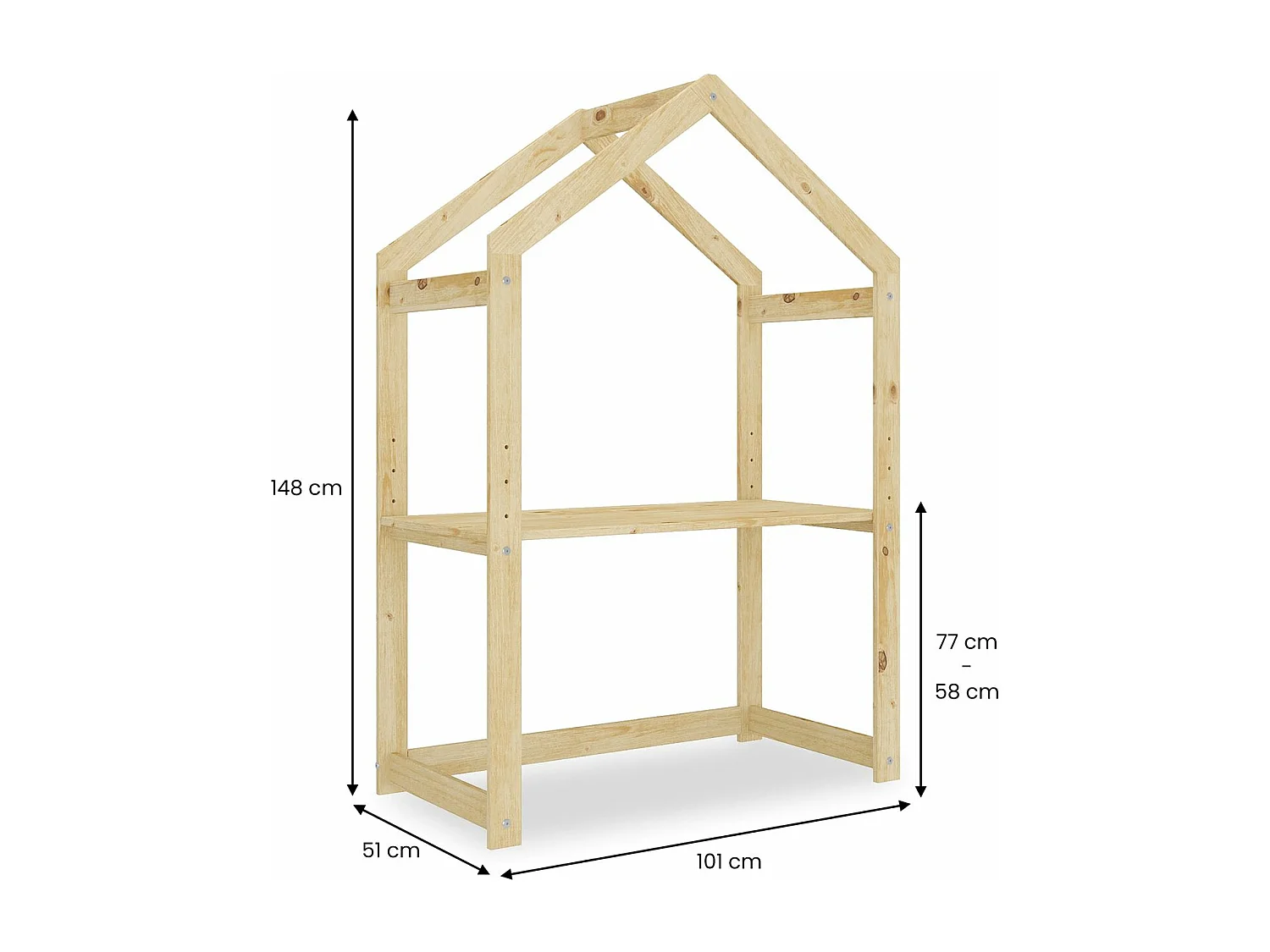 Bureau cabane enfant réglable LIA Montessori en bois massif coloris naturel, plateau évolutif en hauteur