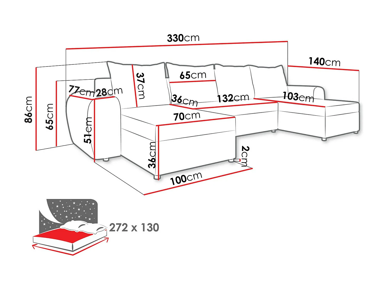 Sofá rinconero Memphis 149, Gris, Función de descanso, Almacenaje, 330x140x86cm