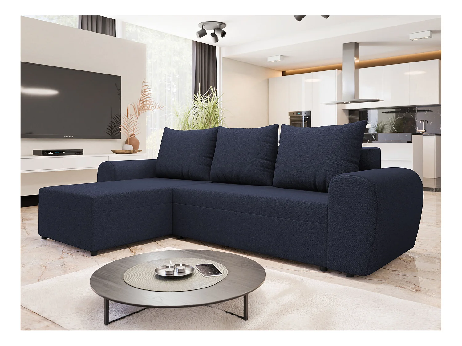 Canapé d'angle Memphis 148, Bleu, Fonction de couchage, Boîte de literie, 260x140x86cm