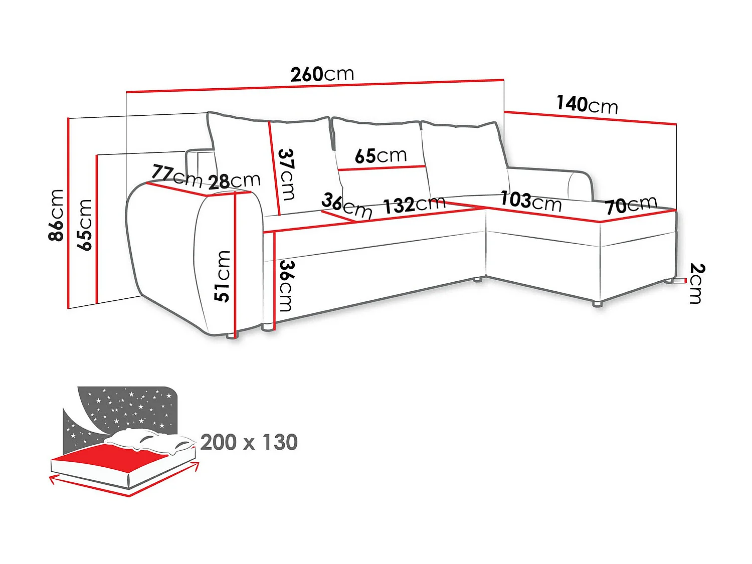 Sofá rinconero Memphis 148, Azul, Función de descanso, Almacenaje, 260x140x86cm