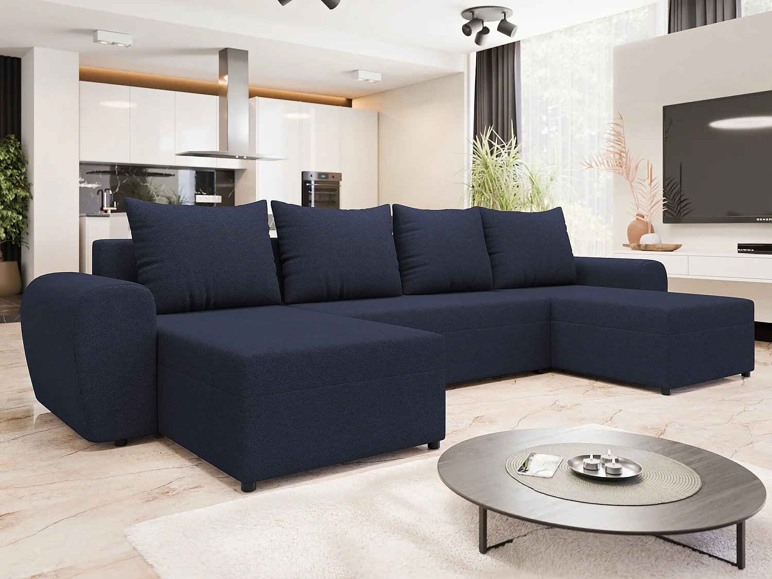 Sofá rinconero Memphis 149, Azul, Función de descanso, Almacenaje, 330x140x86cm