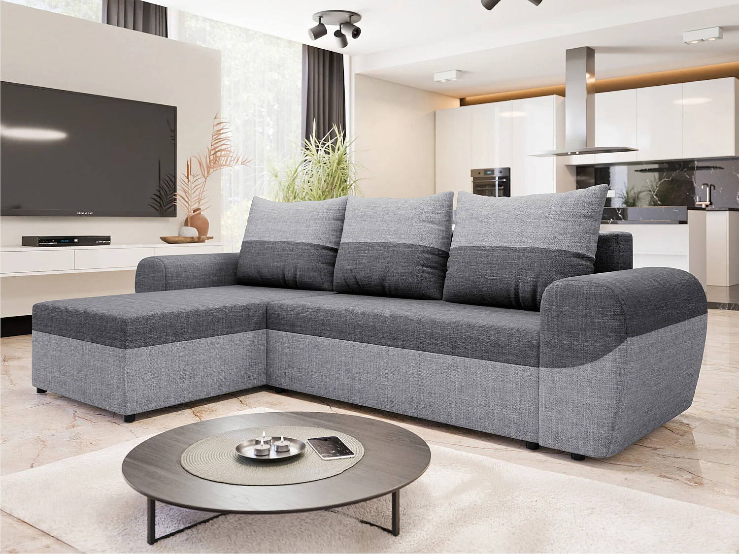 Sofá rinconero Memphis 148, Gris, Función de descanso, Almacenaje, 260x140x86cm