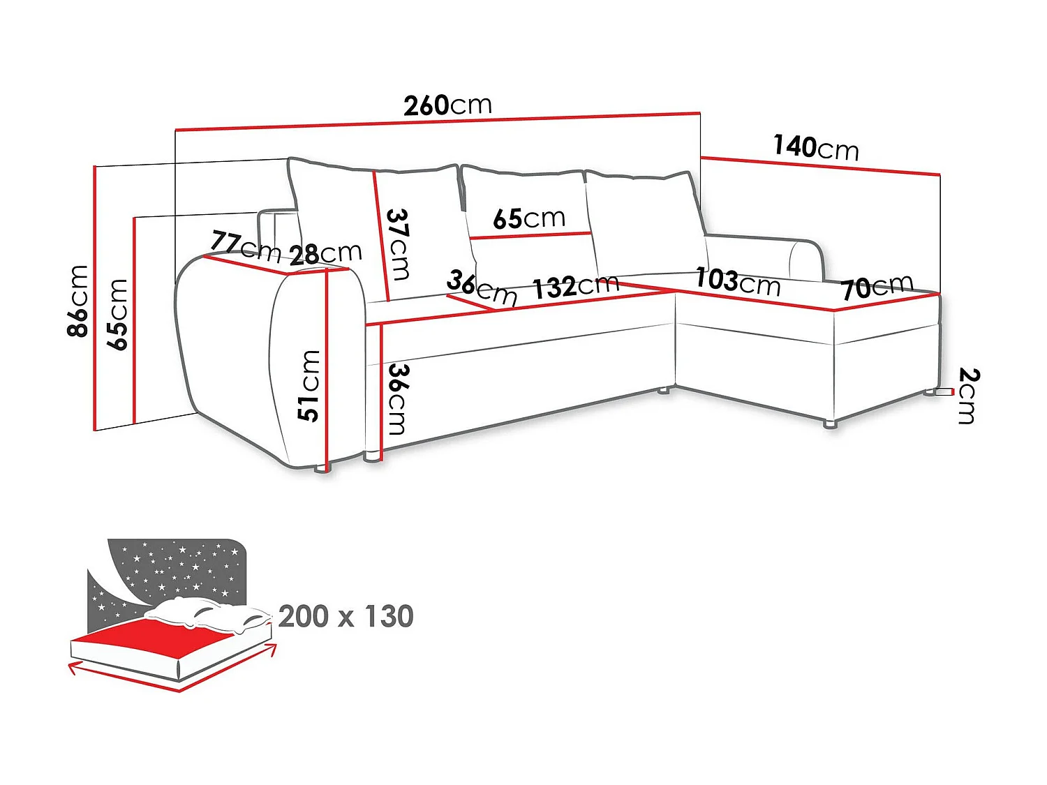 Sofá rinconero Memphis 148, Gris, Función de descanso, Almacenaje, 260x140x86cm