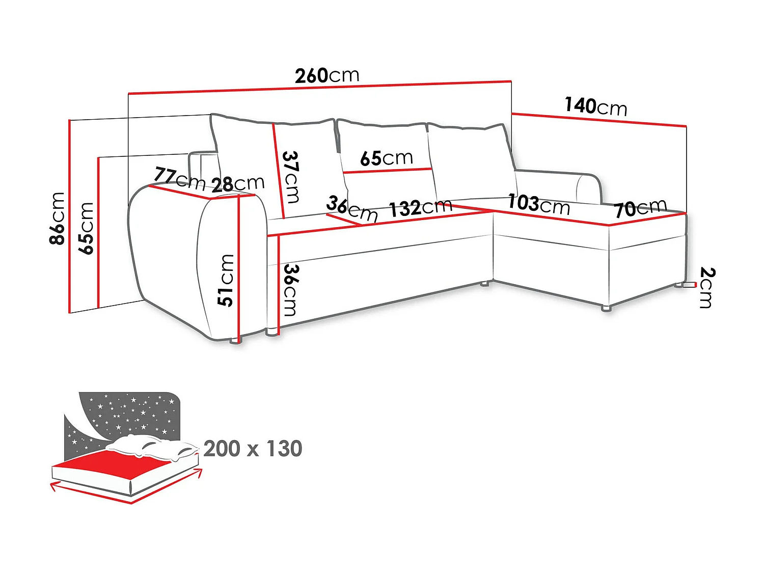 Sofá rinconero Memphis 148, Gris, Función de descanso, Almacenaje, 260x140x86cm