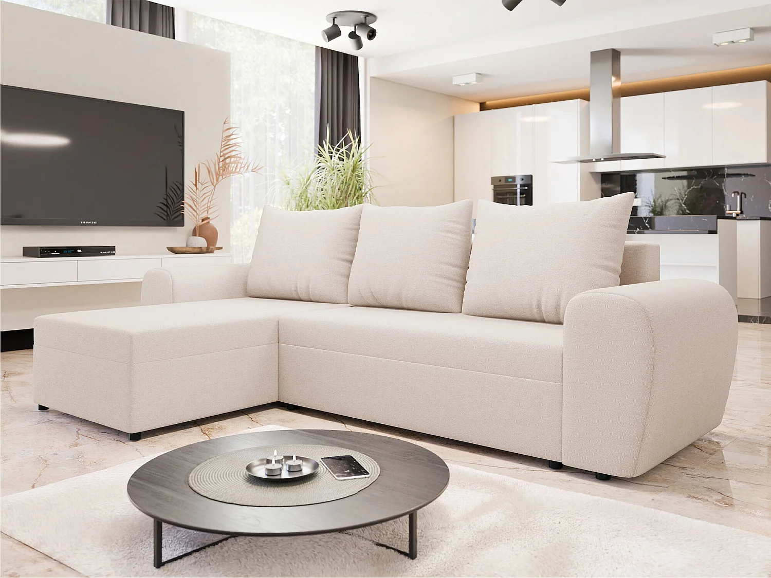 Sofá rinconero Memphis 148, De color marrón claro, Función de descanso, Almacenaje, 260cm