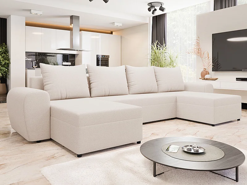 Sofá rinconero Memphis 149, De color marrón claro, Función de descanso, Almacenaje, 330cm