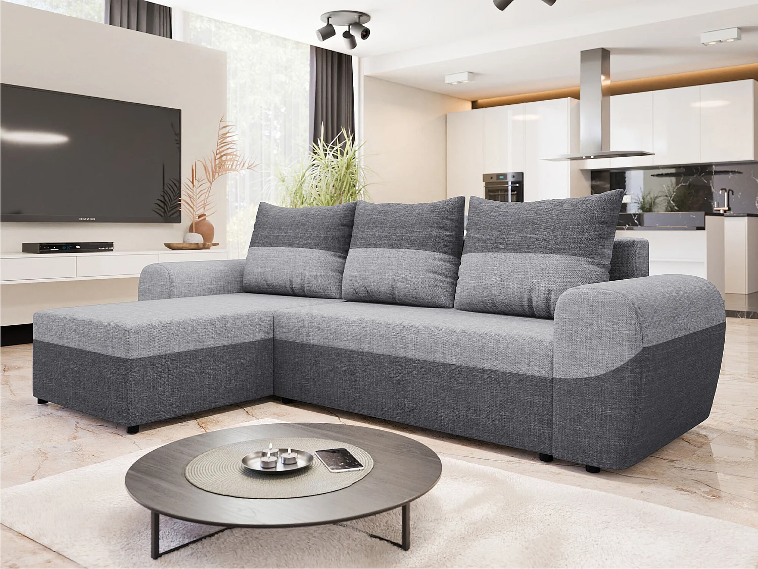 Canapé d'angle Memphis 148, Gris, Fonction de couchage, Boîte de literie, 260x140x86cm