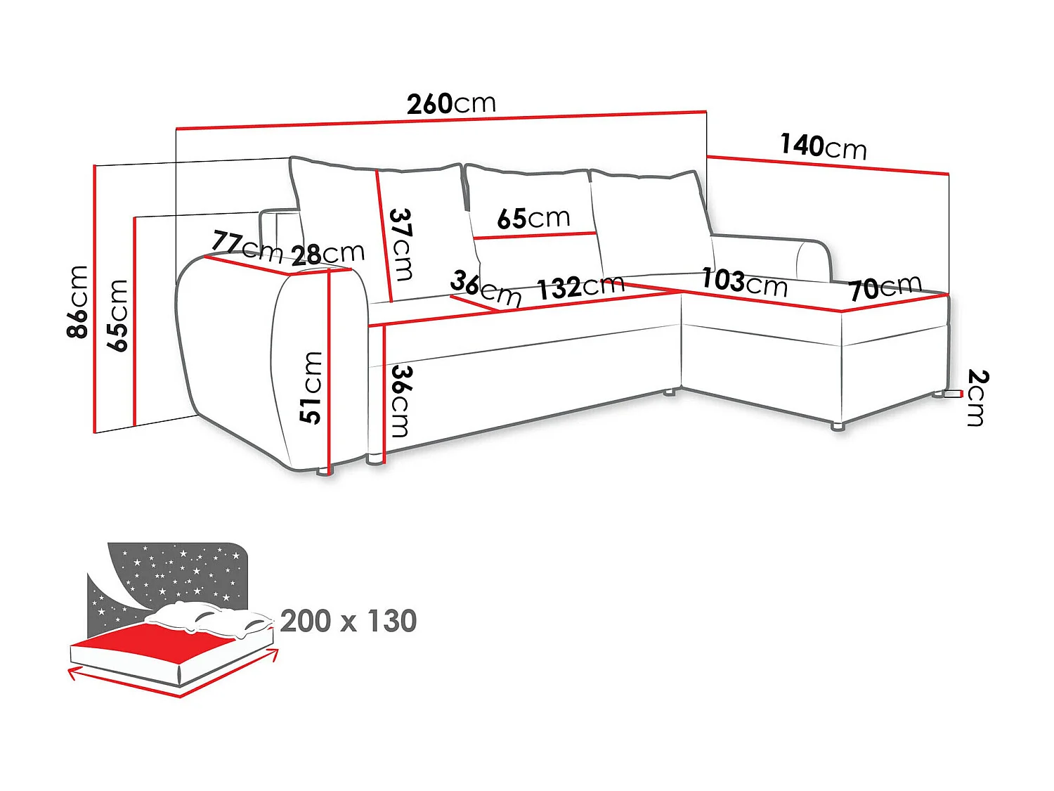 Canapé d'angle Memphis 148, Gris, Fonction de couchage, Boîte de literie, 260x140x86cm