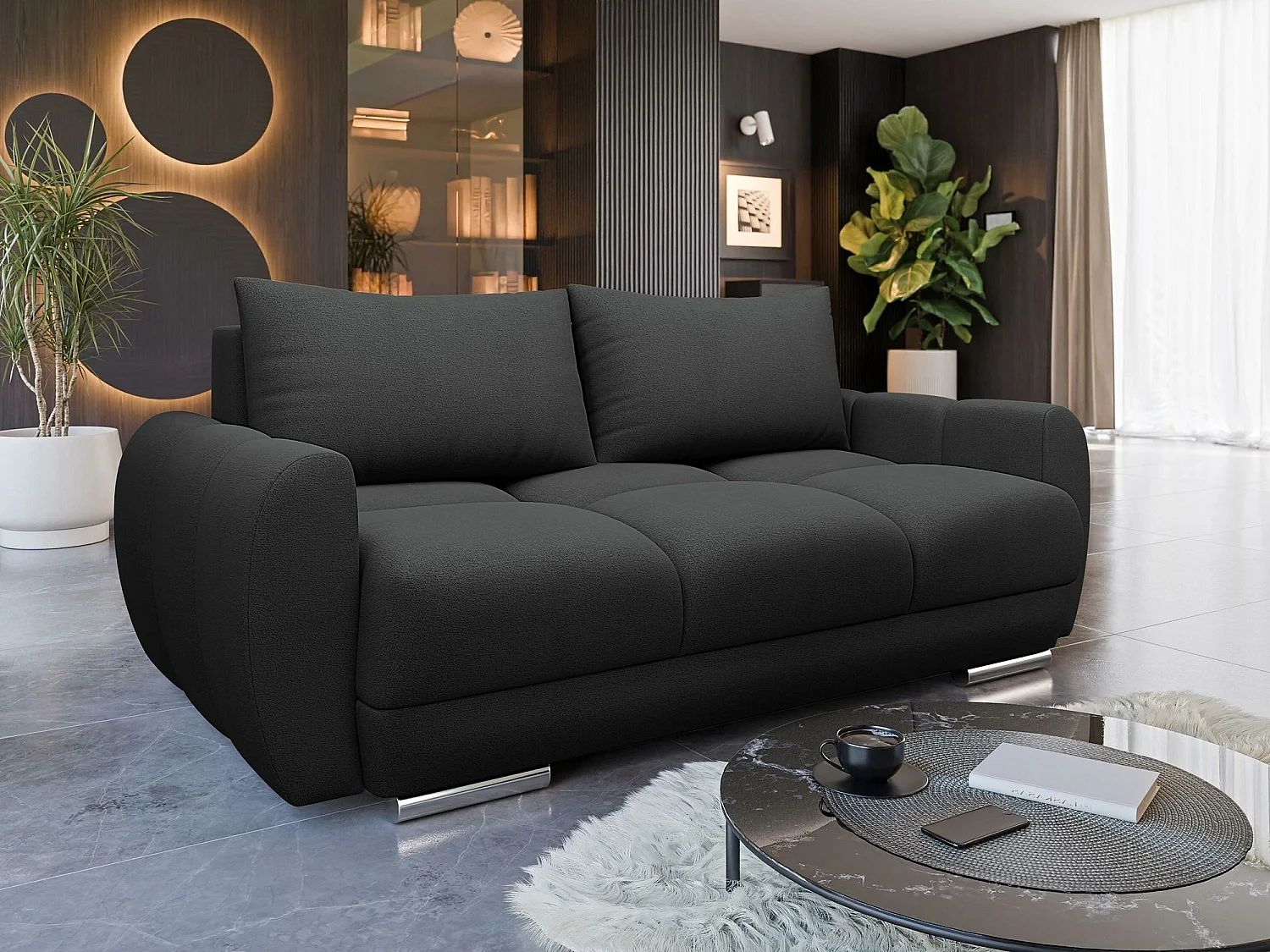 Canapé Camden 102, Noir, 186x97x89cm, Tissu, Pieds: Plastique