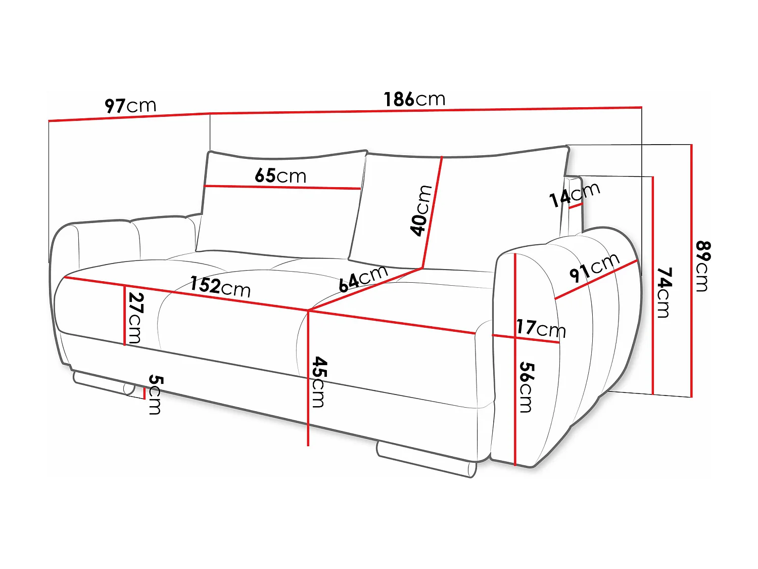 Divano Camden 102, Senza, Senza, Nero, 186x97x89cm, Arazzo, Gambe: Plastica