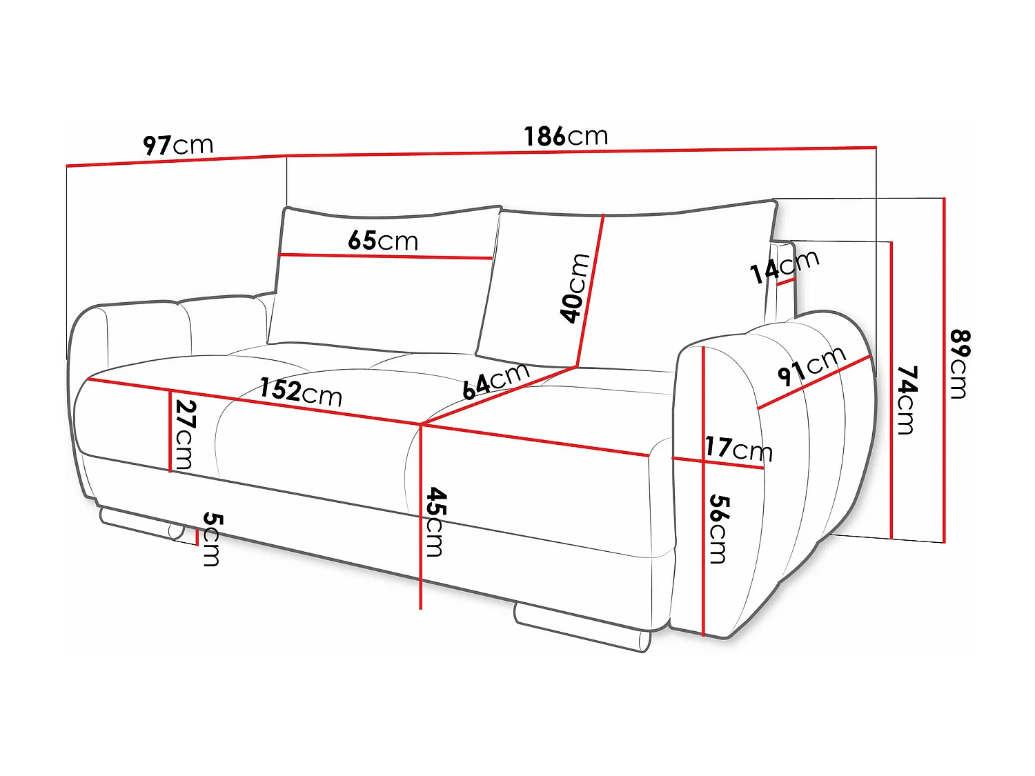 Sofá Camden 102, Funcionalidade de dormir, Cama com arrumação, Tecido