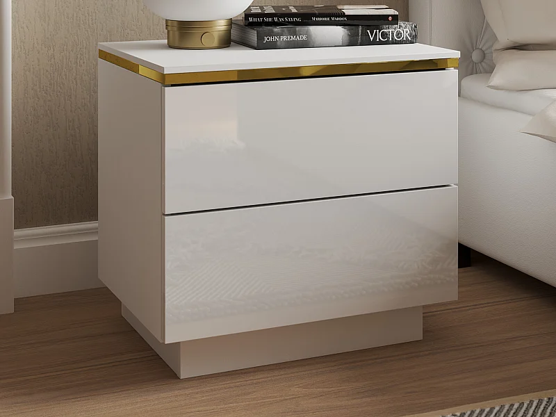 Table de chevet avec 2 tiroirs - Blanc brillant et doré - VUKIA de Pascal Morabito