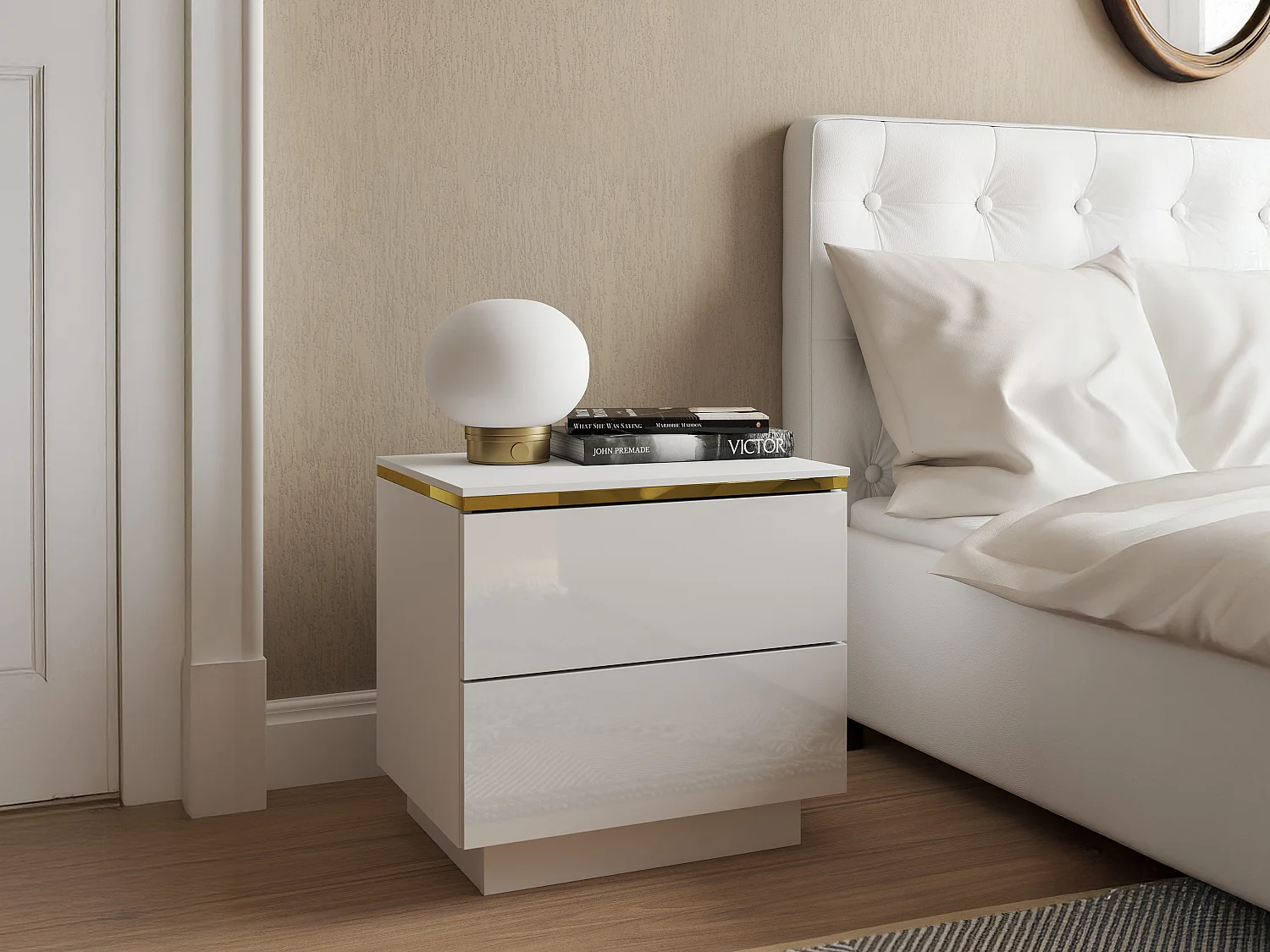 Table de chevet avec 2 tiroirs - Blanc brillant et doré - VUKIA de Pascal Morabito