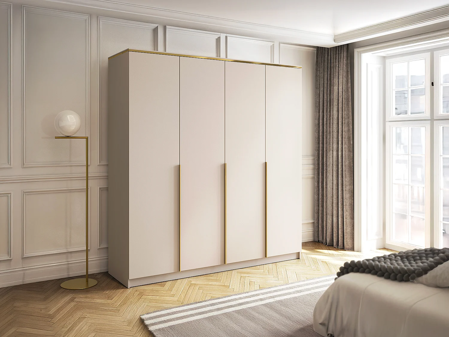 Armoire 4 portes - L200 cm - Beige et doré - VUKIA