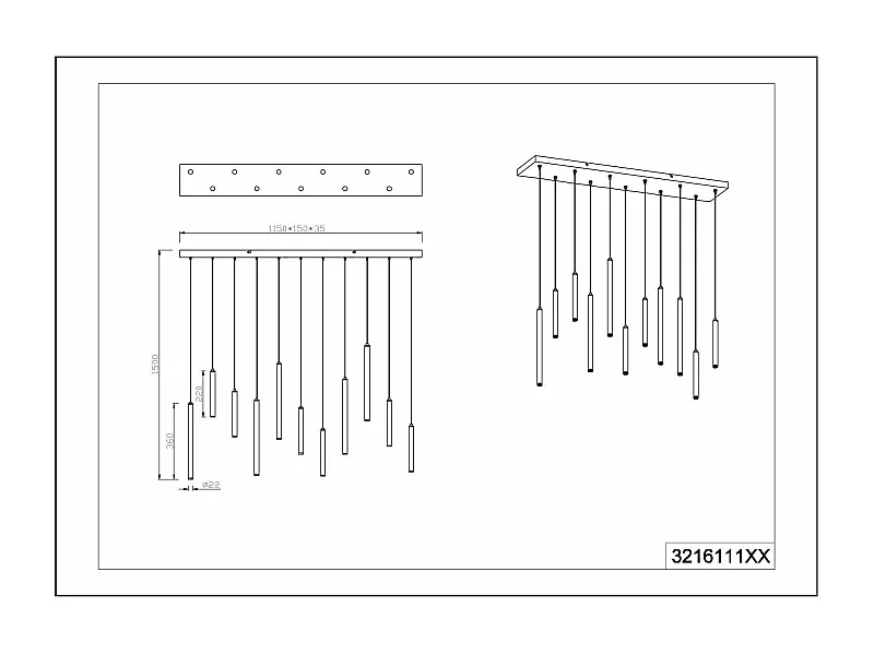 Lampada a sospensione 11 tubi, metallo, nero, L 115 cm, Tubular