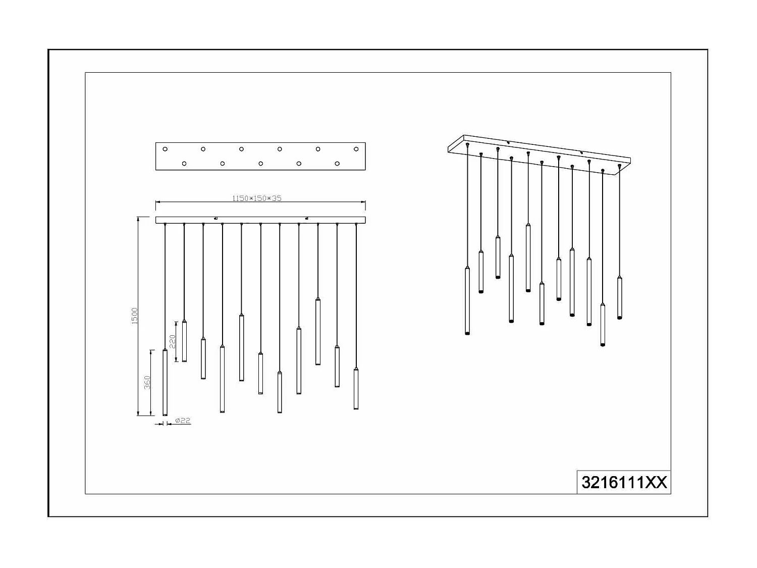 Lampada a sospensione 11 tubi, metallo, nero, L 115 cm, Tubular