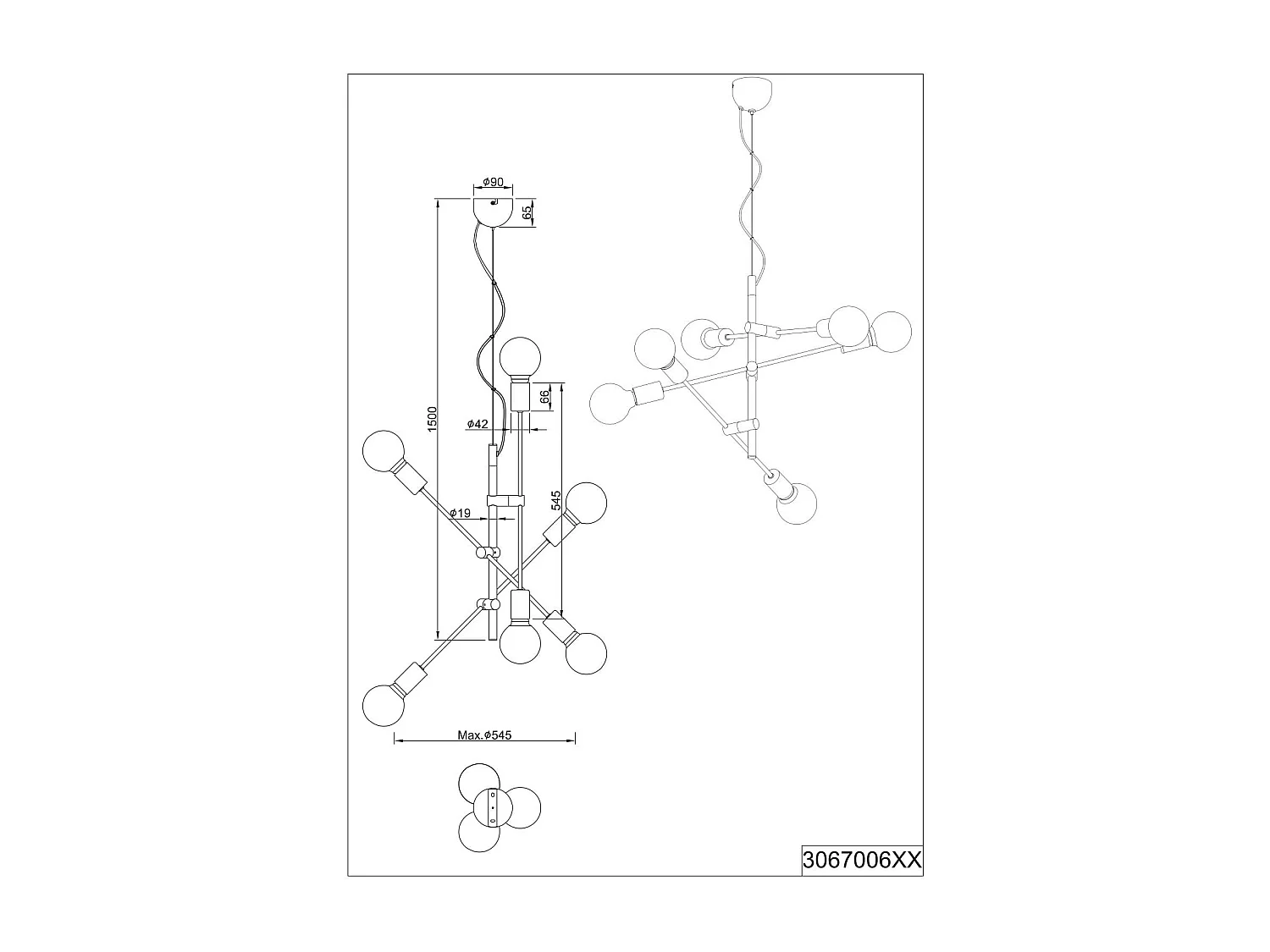 Lampada a sospensione 6 luci, metallo, nero e oro, D 54 cm, Cross