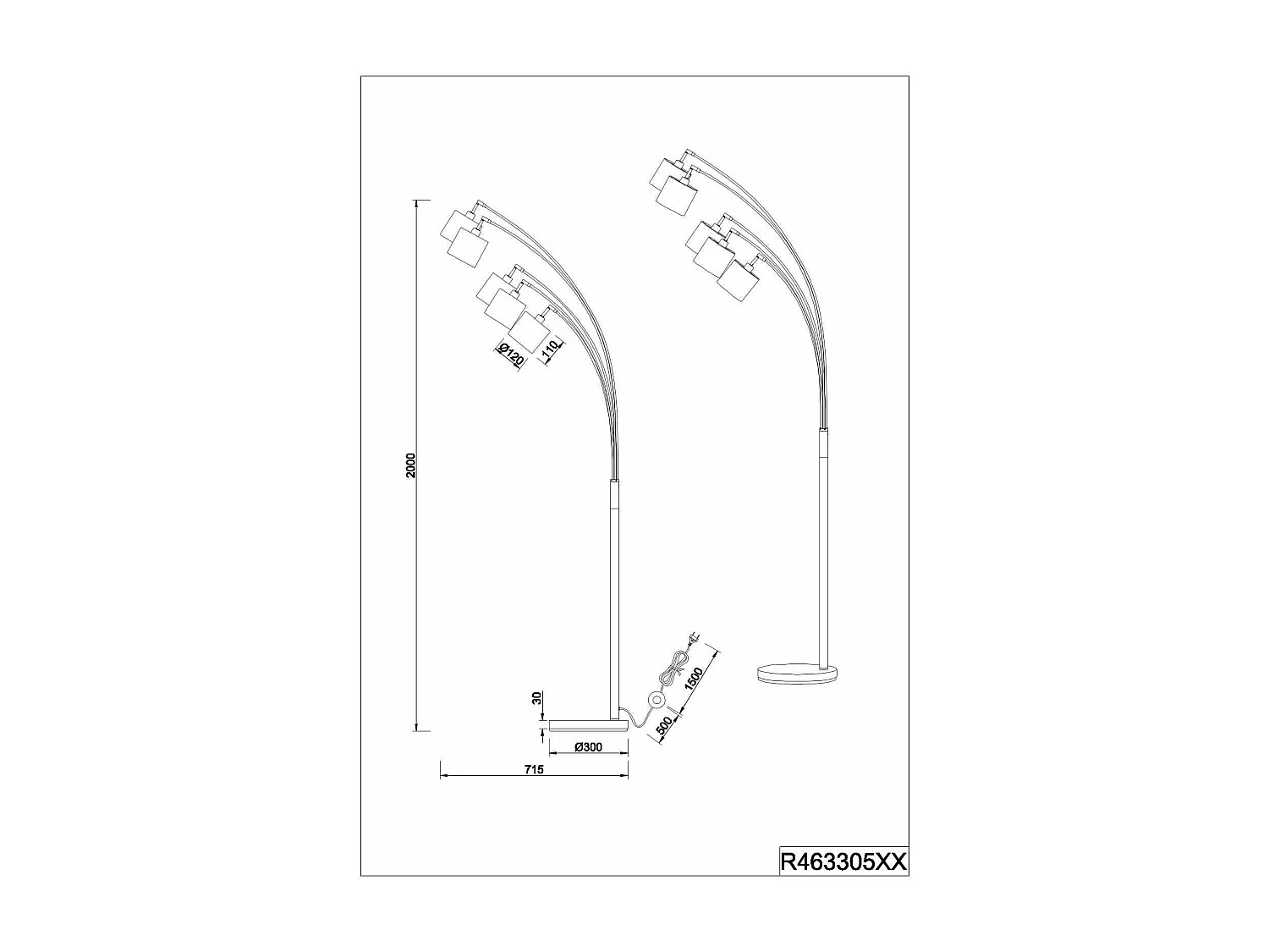 Lampadaire arc 5 lampes Tommy