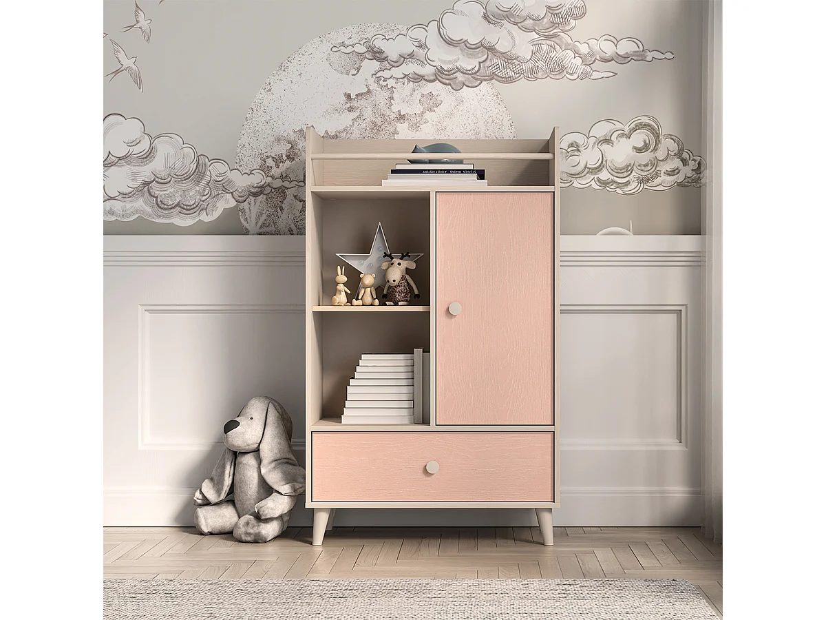 Bibliothèque 1 porte 1 tiroir Alycia Beige et Rose