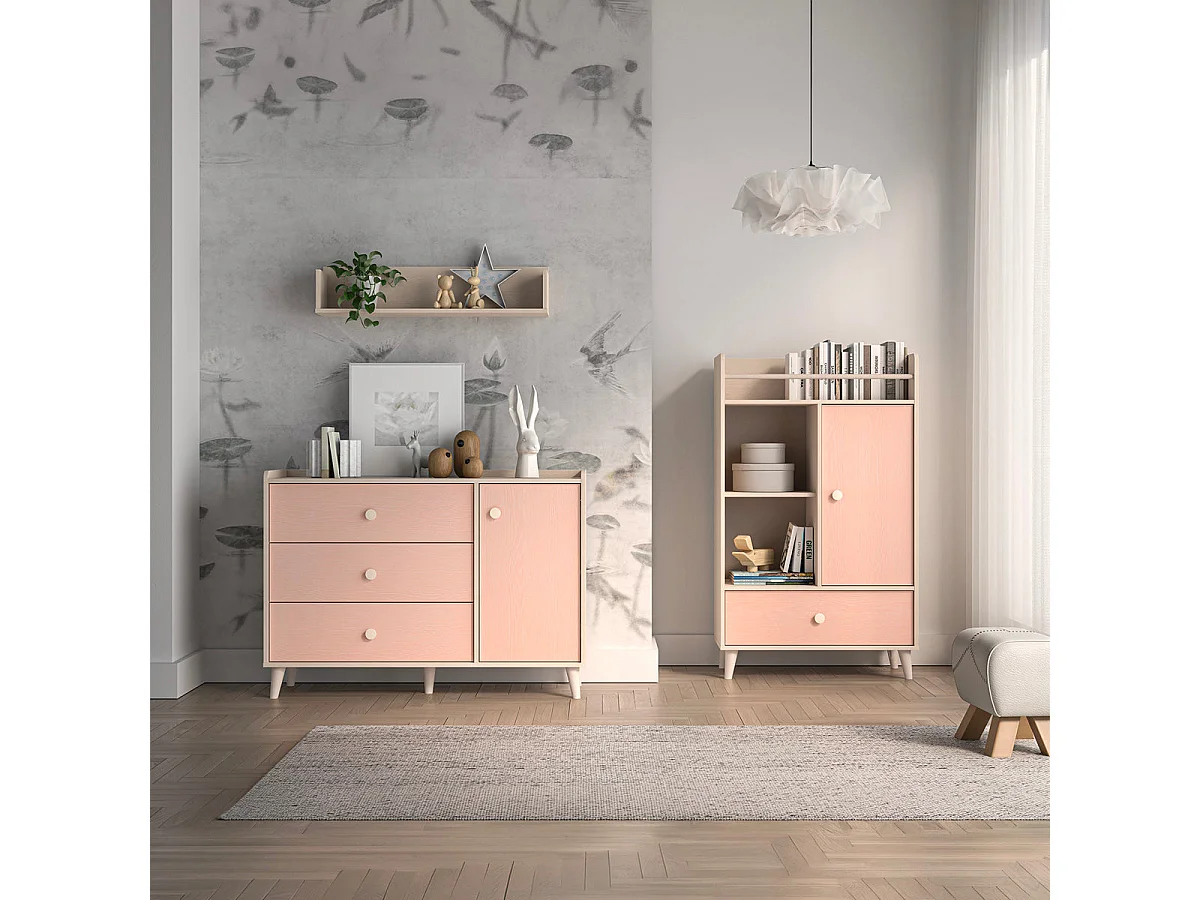 1-door 1-drawer bookcase Alycia Beige and Pink
