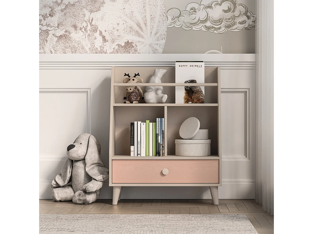 Petite bibliothèque 1 tiroir Alycia Beige et Rose