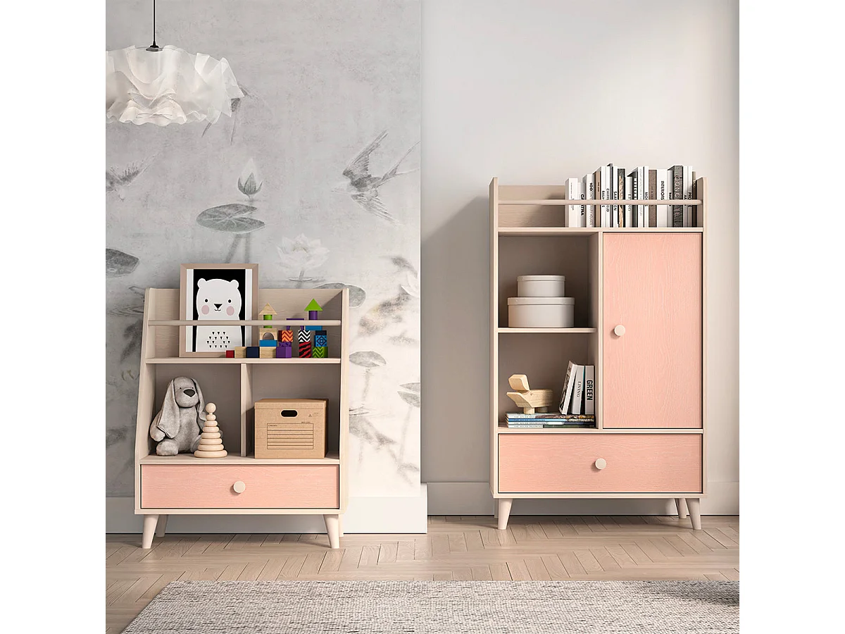 Small 1-drawer bookcase Alycia Beige and Pink