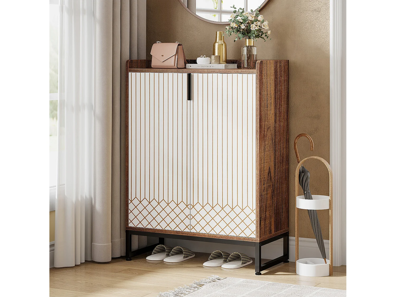 Schuhschrank, Schrank für 25 Paar Schuhe mit Türen, Weiß und Braun