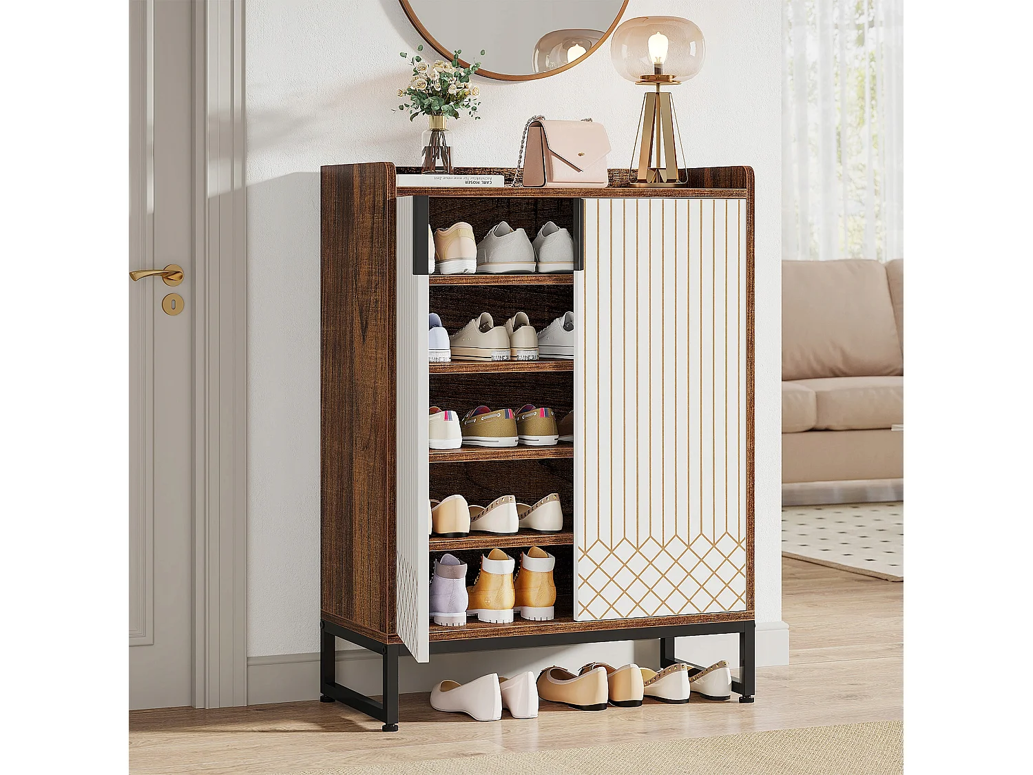 Schuhschrank, Schrank für 25 Paar Schuhe mit Türen, Weiß und Braun