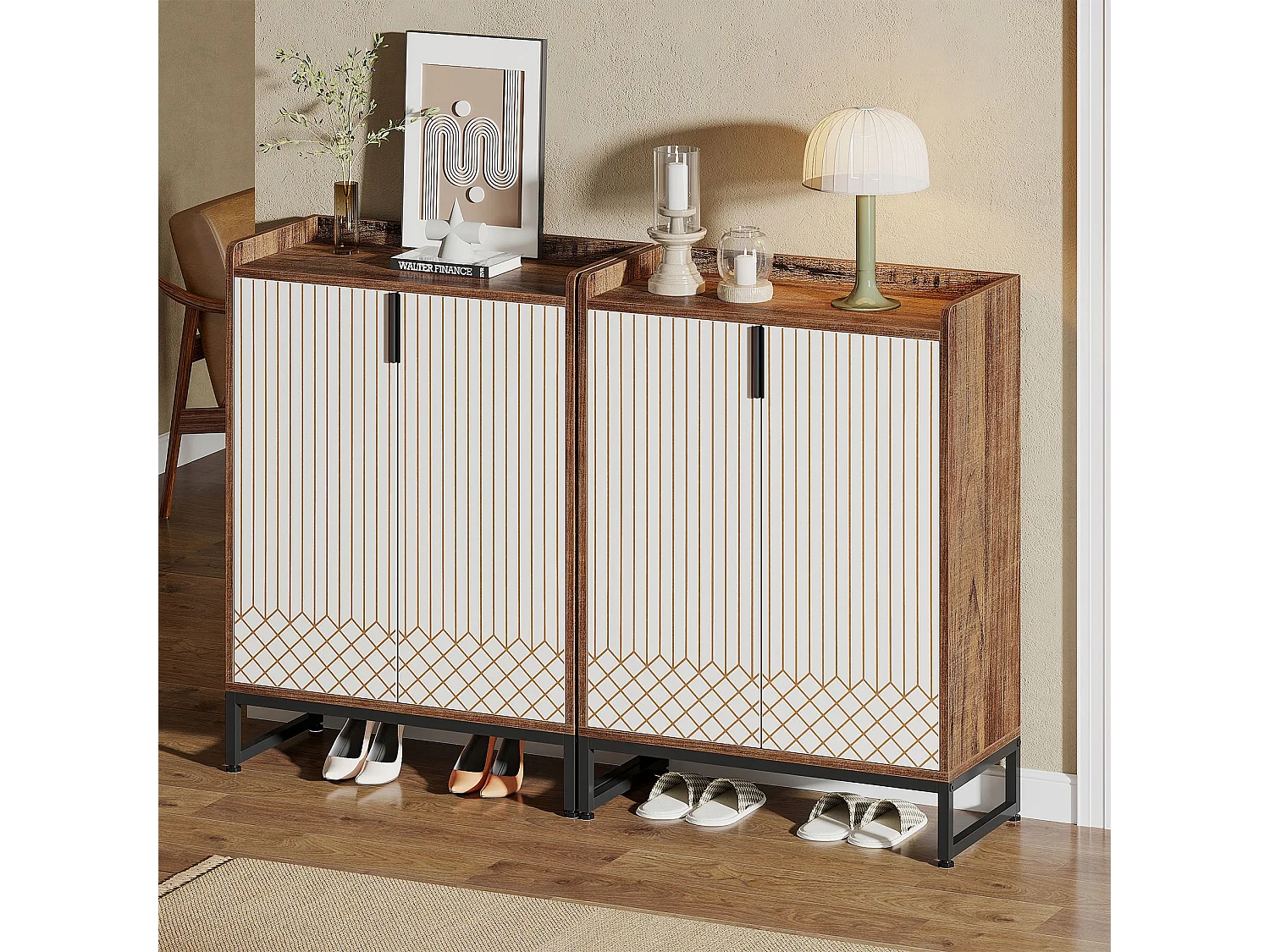 Schuhschrank, Schrank für 25 Paar Schuhe mit Türen, Weiß und Braun