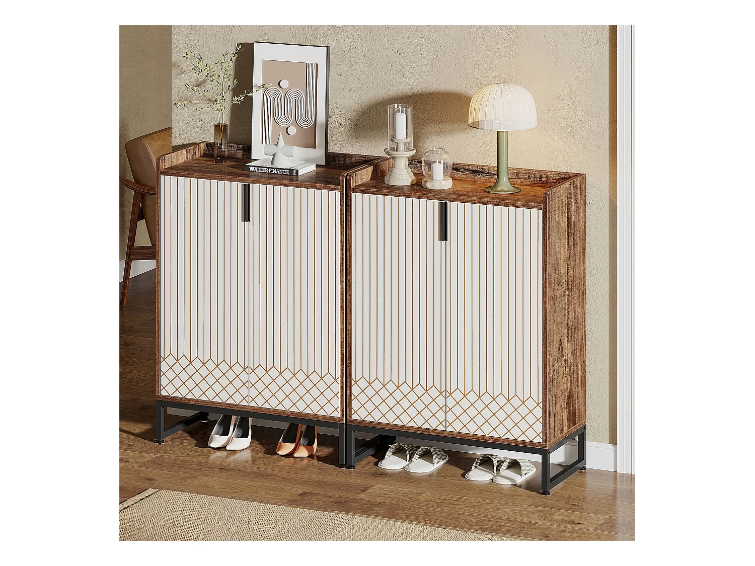 Mobiletto portascarpe, 25 paia di scarpiere con ante, bianco e marrone