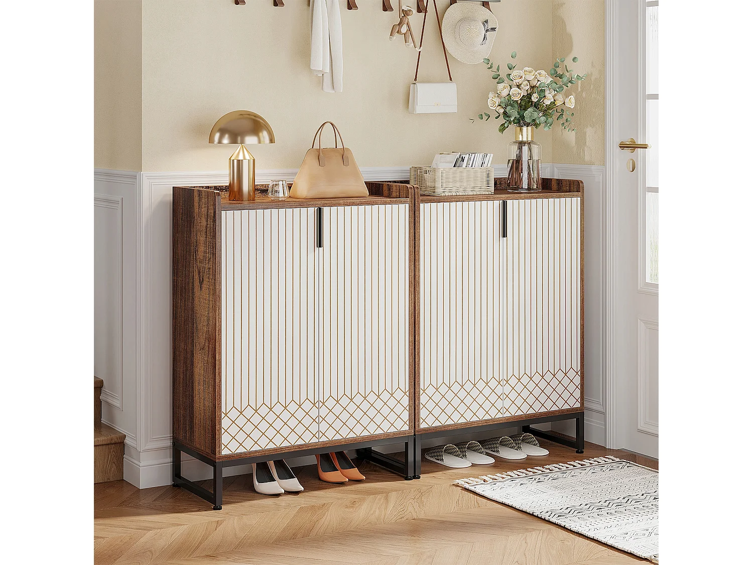 Mobiletto portascarpe, 25 paia di scarpiere con ante, bianco e marrone