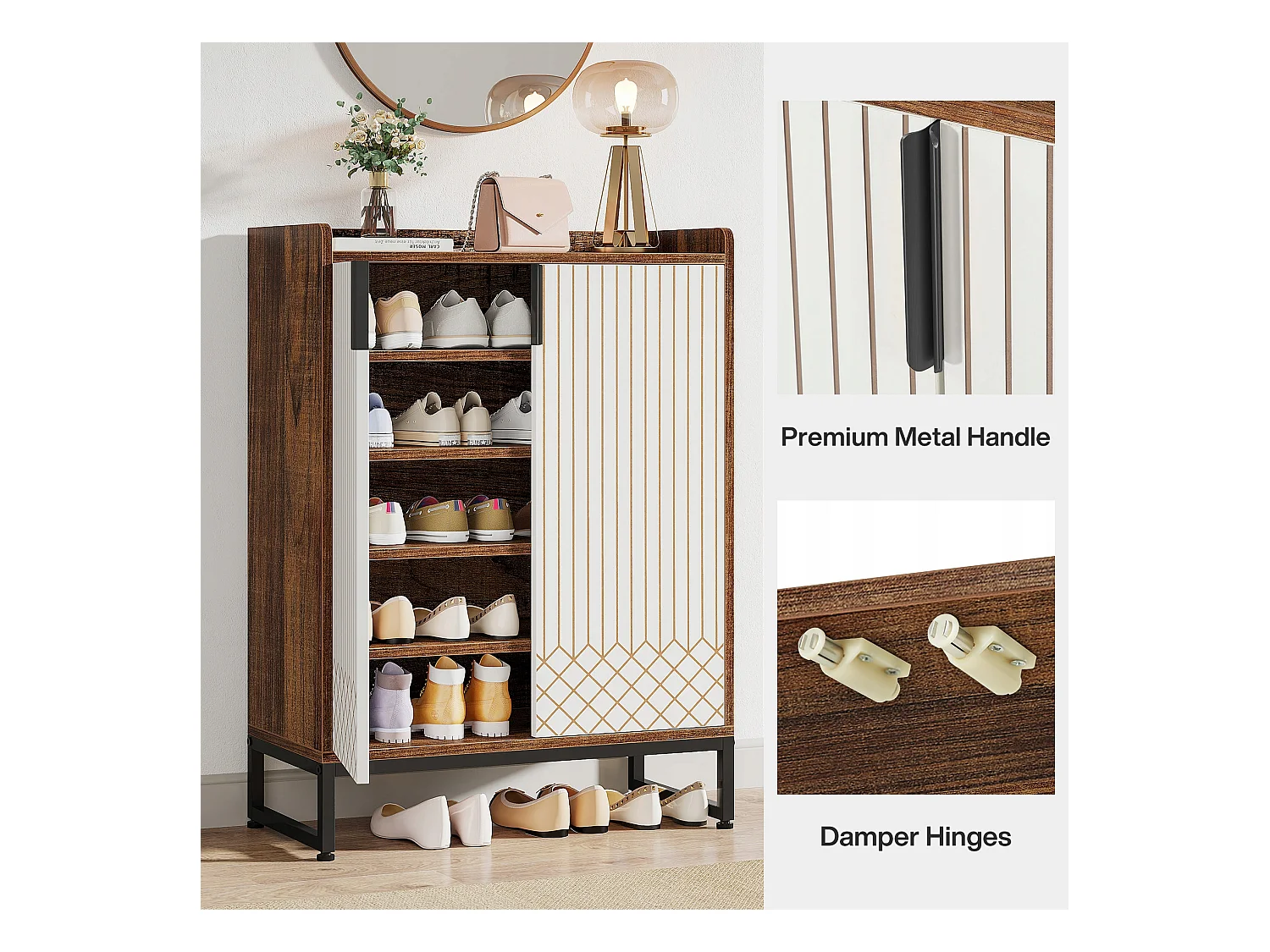 Mobiletto portascarpe, 25 paia di scarpiere con ante, bianco e marrone