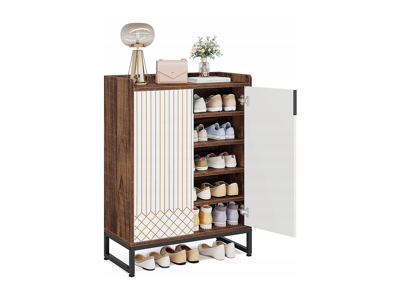 Tribesigns Smalle schoenenkast met 2 deuren, 7 niveaus voor 25 paar, wit, 75 x 37 x 110 cm, met goudkleurig metalen frame, voor entree, woonkamer, hal