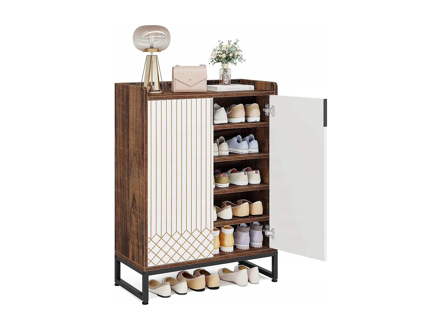 Mobiletto portascarpe, 25 paia di scarpiere con ante, bianco e marrone
