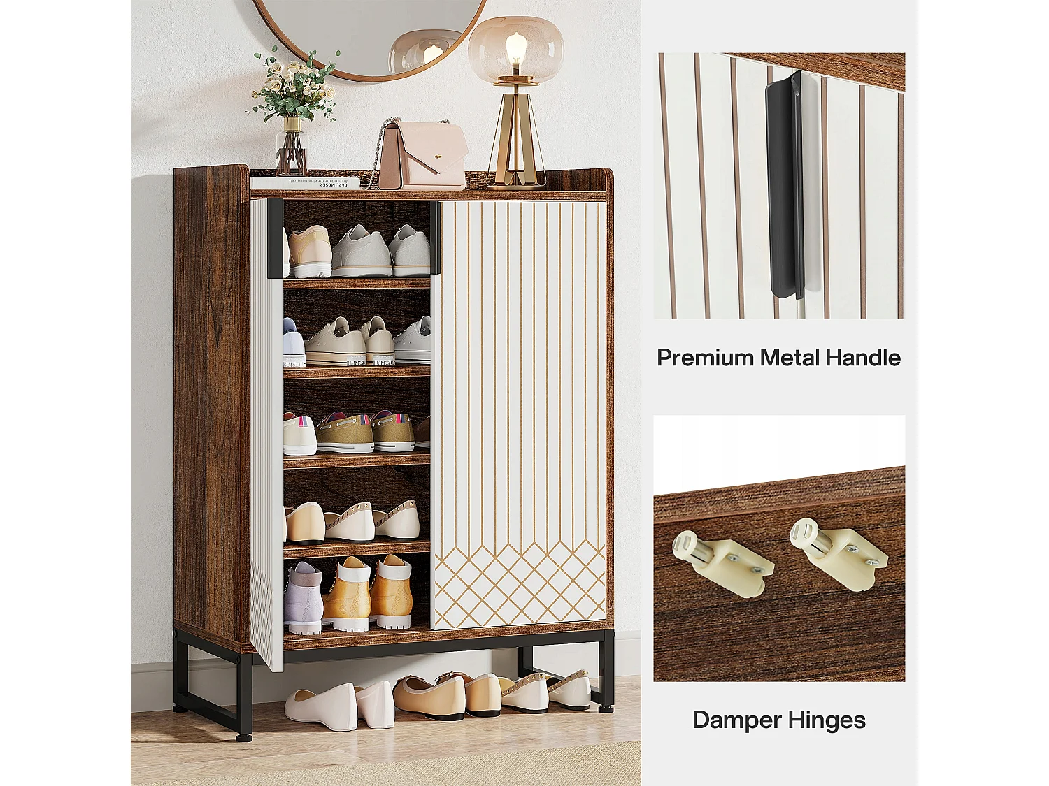 Mobiletto portascarpe, 25 paia di scarpiere con ante, bianco e marrone
