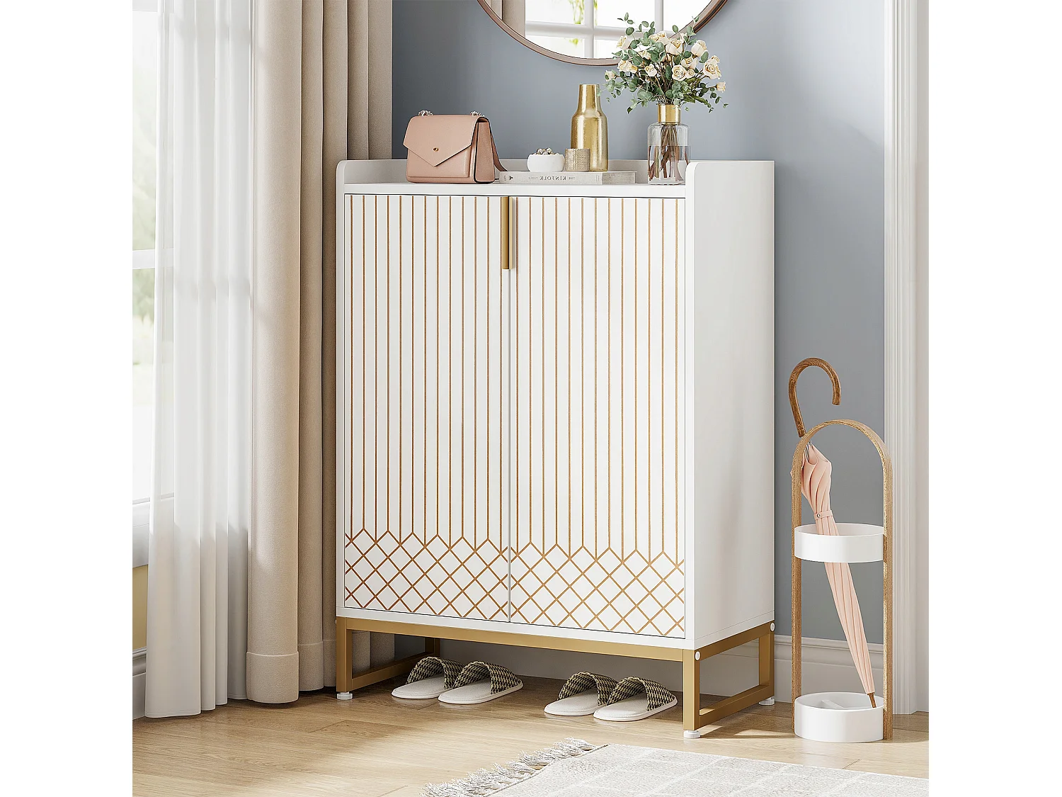 Tribesigns Schoenenkast, 25 paar schoenenorganizer met deuren, grote schoenenrekplank met gouden metalen frame voor entree, gang, wit