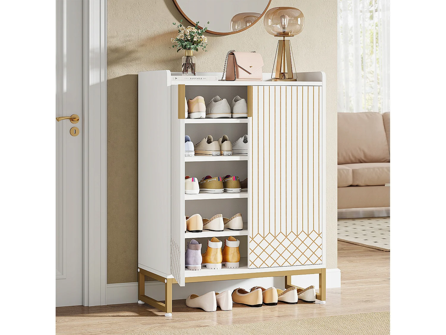 Tribesigns Schoenenkast, 25 paar schoenenorganizer met deuren, grote schoenenrekplank met gouden metalen frame voor entree, gang, wit