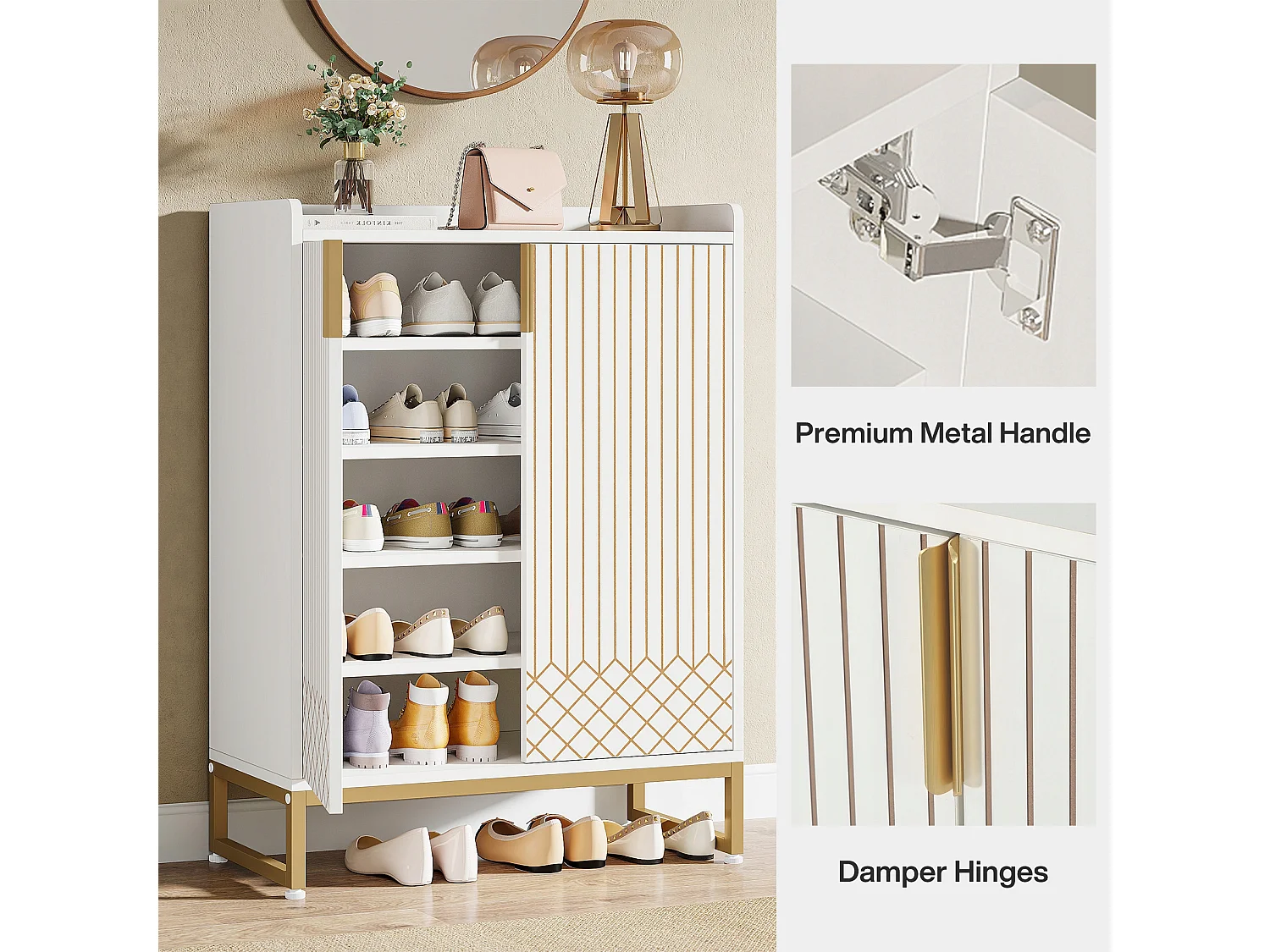 Tribesigns Schoenenkast, 25 paar schoenenorganizer met deuren, grote schoenenrekplank met gouden metalen frame voor entree, gang, wit