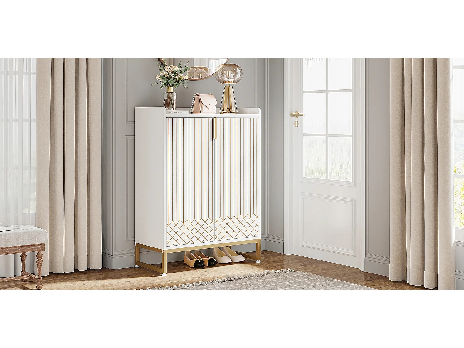 Tribesigns Schoenenkast, 25 paar schoenenorganizer met deuren, grote schoenenrekplank met gouden metalen frame voor entree, gang, wit