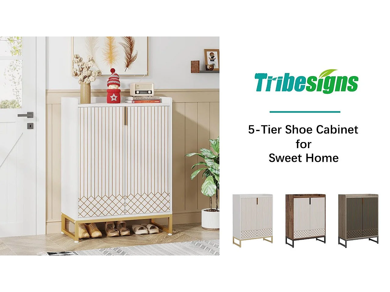 Meuble de Rangement à Chaussures Armoire, 25 Paires de placards à Chaussures avec Portes, Armoire Etagere Grande Capacité avec Cadre en métal doré