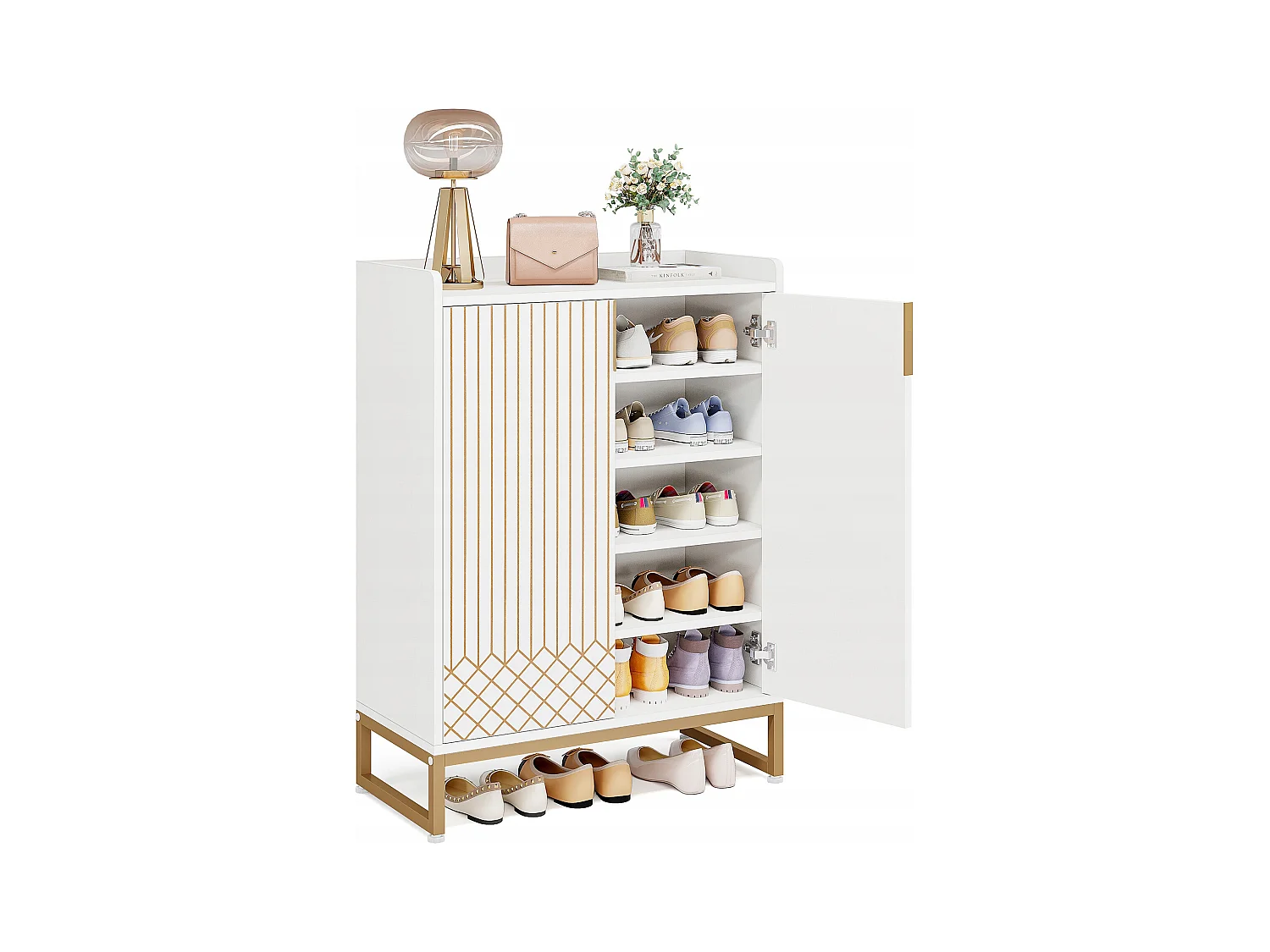 Meuble de Rangement à Chaussures Armoire, 25 Paires de placards à Chaussures avec Portes, Armoire Etagere Grande Capacité avec Cadre en métal doré