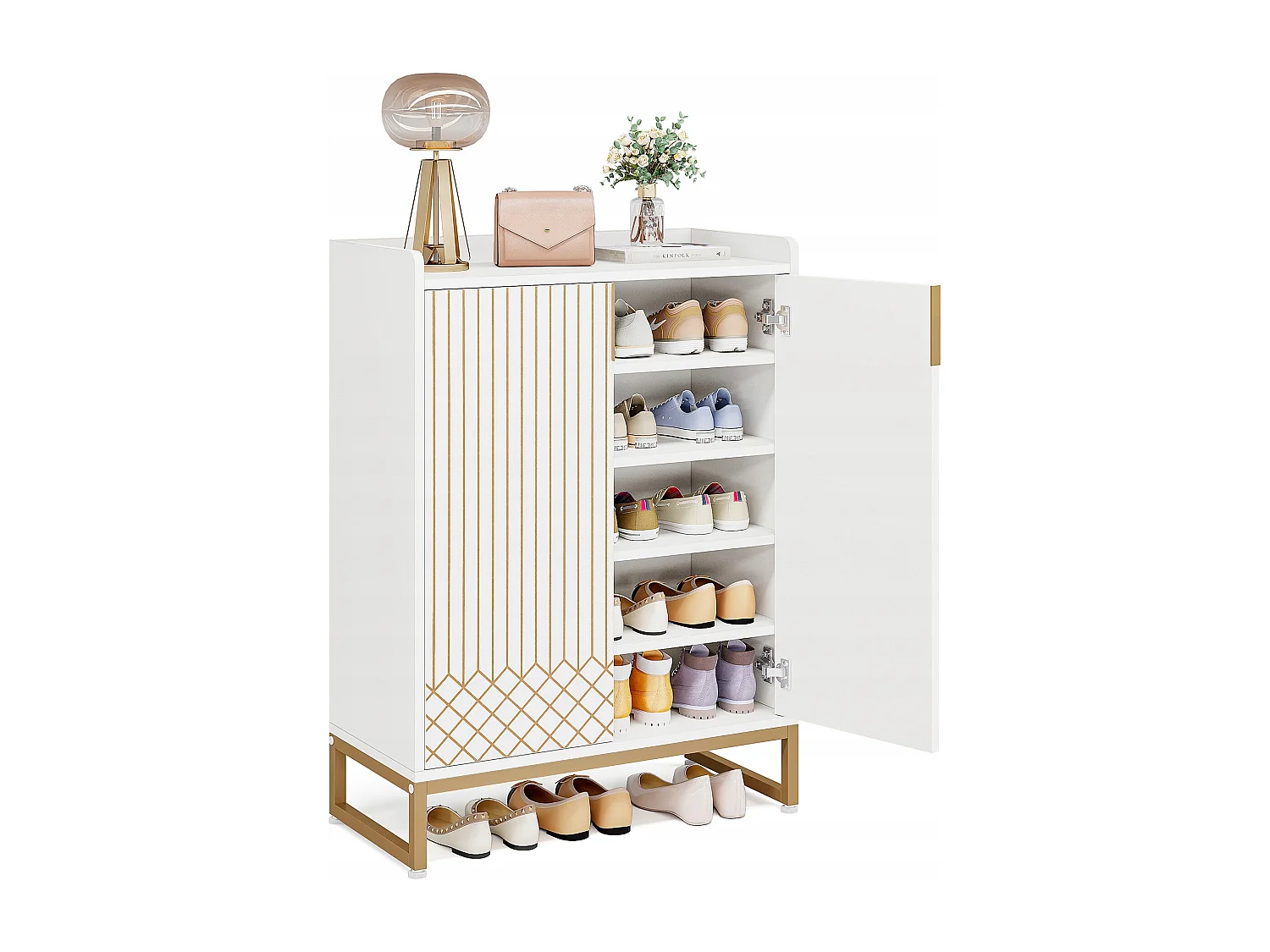 Meuble de Rangement à Chaussures Armoire, 25 Paires de placards à Chaussures avec Portes, Armoire Etagere Grande Capacité avec Cadre en métal doré