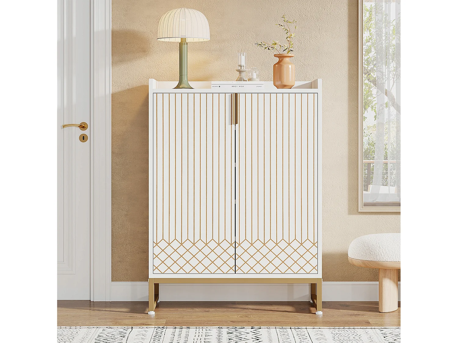 Meuble de Rangement à Chaussures Armoire, 25 Paires de placards à Chaussures avec Portes, Armoire Etagere Grande Capacité avec Cadre en métal doré