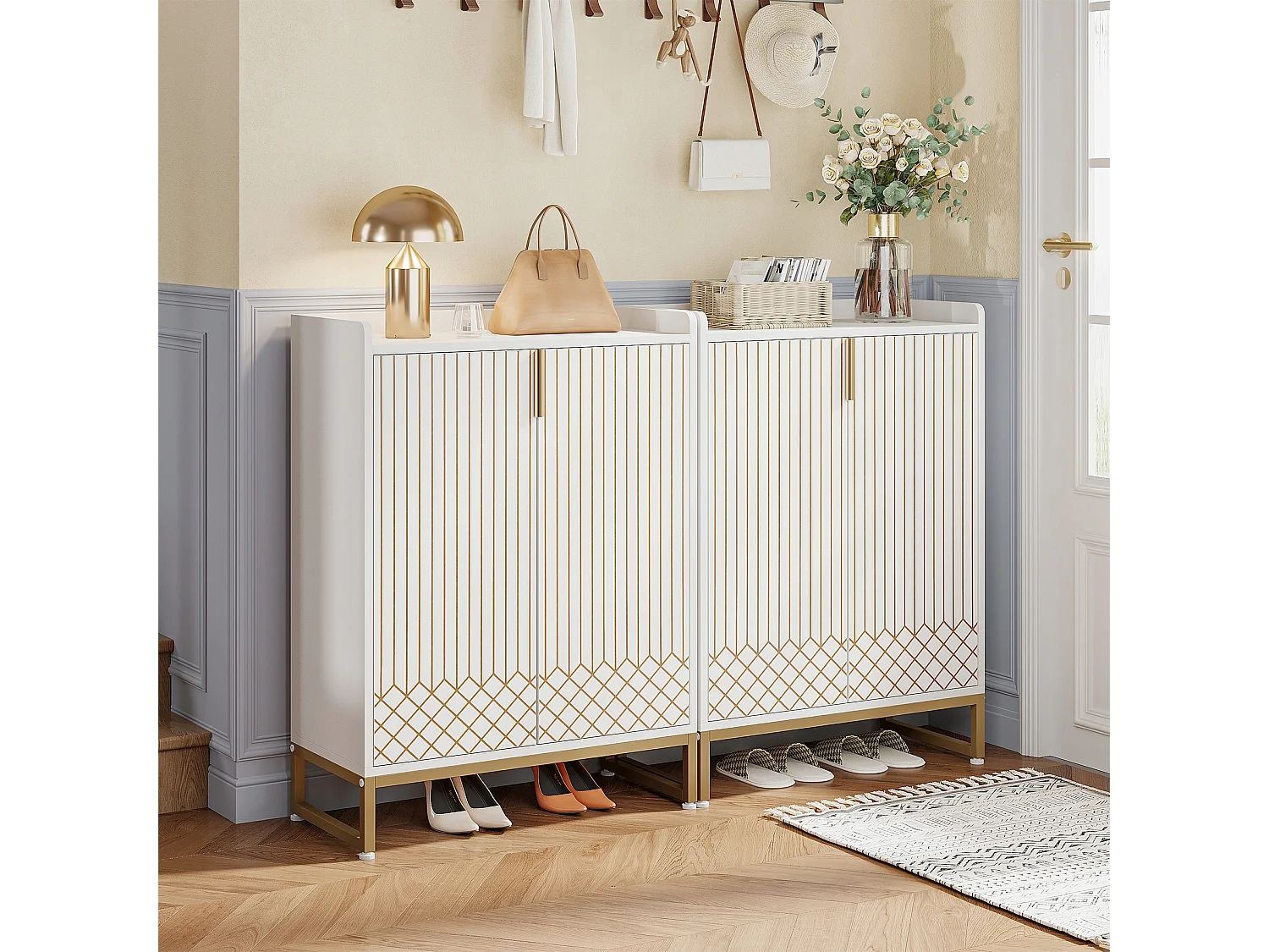 Meuble de Rangement à Chaussures Armoire, 25 Paires de placards à Chaussures avec Portes, Armoire Etagere Grande Capacité avec Cadre en métal doré