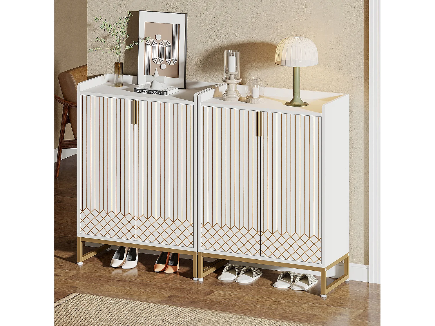 Meuble de Rangement à Chaussures Armoire, 25 Paires de placards à Chaussures avec Portes, Armoire Etagere Grande Capacité avec Cadre en métal doré