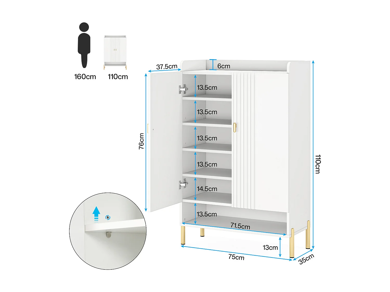 Armoire à Chaussures, Meuble de Rangement pour Chaussures à 6 Niveaux avec étagères réglables, Blanc