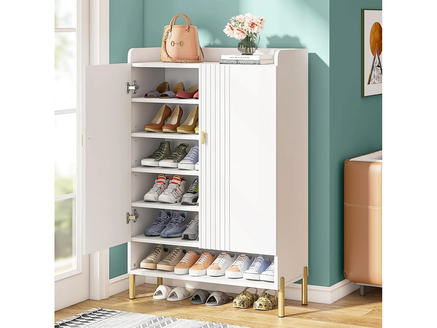 Armoire à Chaussures, Meuble de Rangement pour Chaussures à 6 Niveaux avec étagères réglables, Blanc