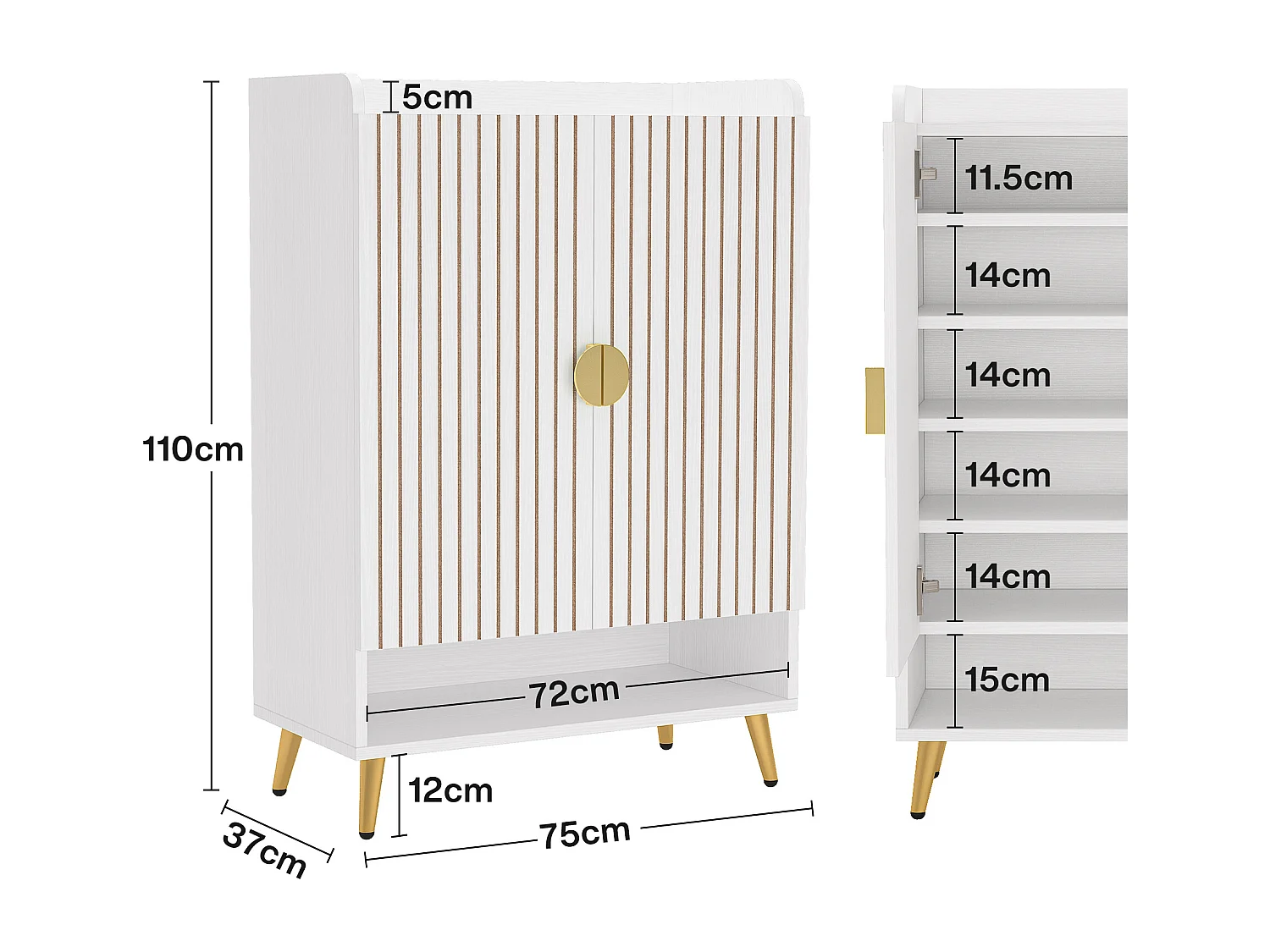 Meuble Chaussures avec 2 Portes, 6 étages Meuble de Rangement à Chaussures,Meuble d'entrée Rangement pour Chaussures, 75x 35x 110cm (Blanc)